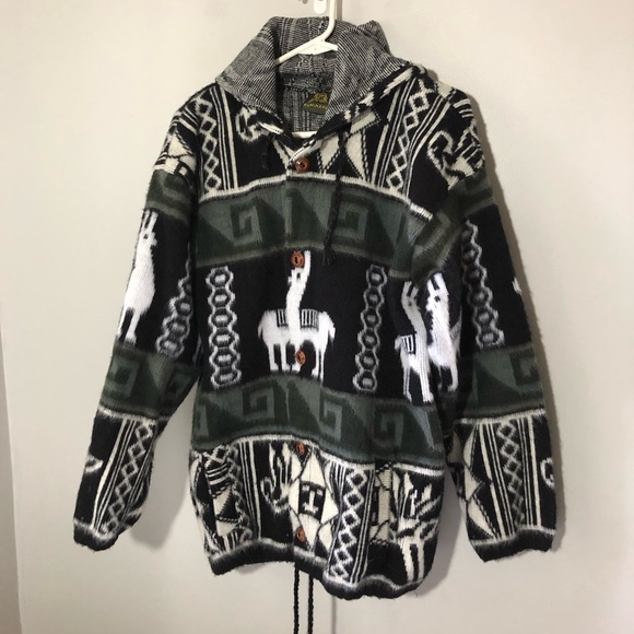 Tejidos Ruminahui Other - Ruminahui heavy wool cardigan hoodie mens L black white llama hippie Ecuador
